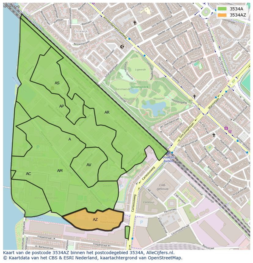 Afbeelding van het postcodegebied 3534 AZ op de kaart.