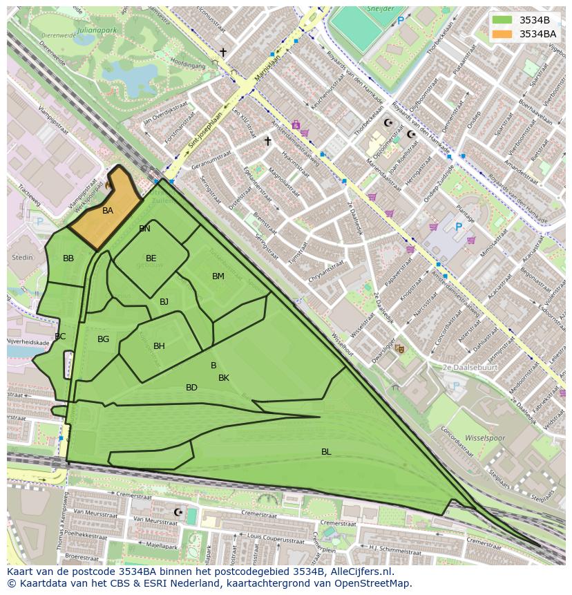 Afbeelding van het postcodegebied 3534 BA op de kaart.