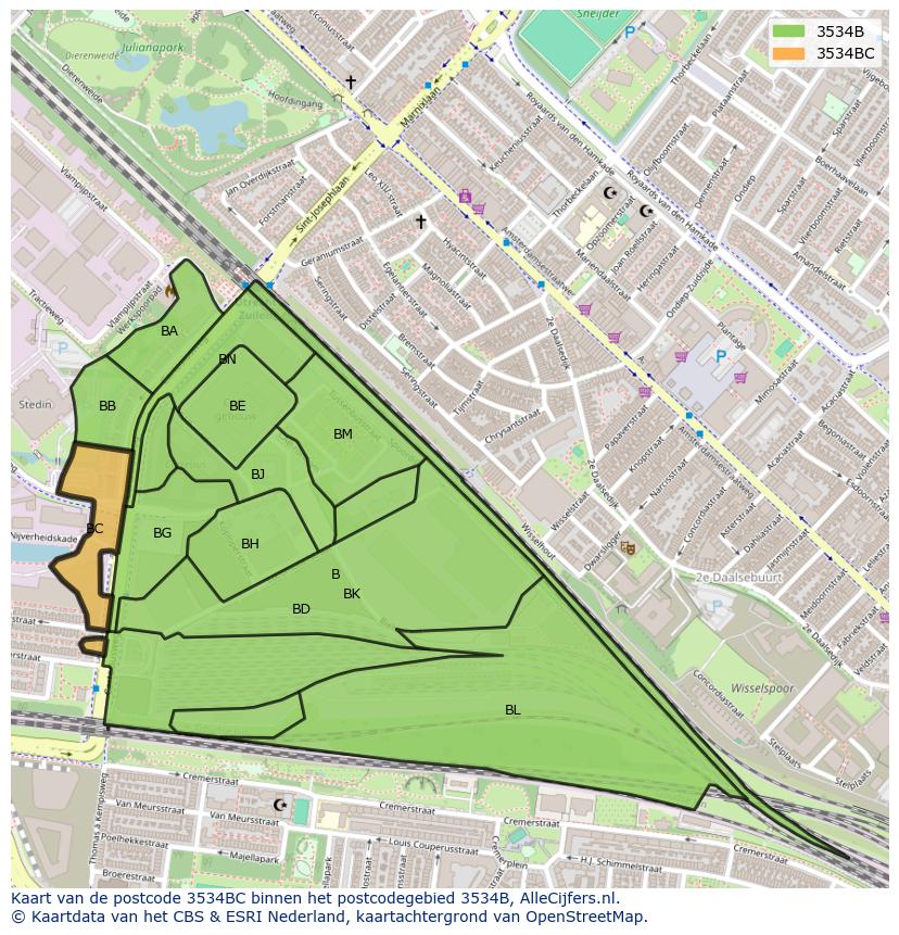 Afbeelding van het postcodegebied 3534 BC op de kaart.