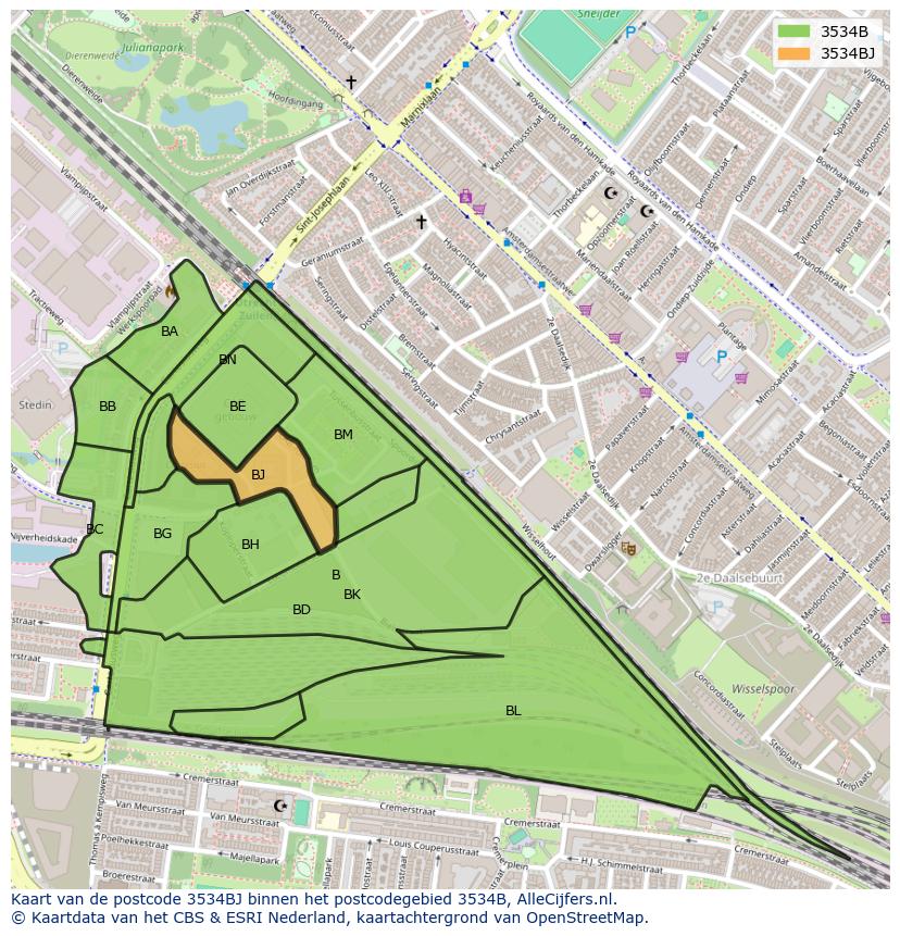 Afbeelding van het postcodegebied 3534 BJ op de kaart.