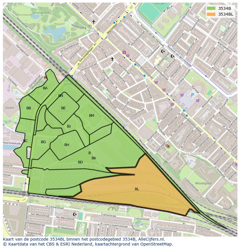Afbeelding van het postcodegebied 3534 BL op de kaart.