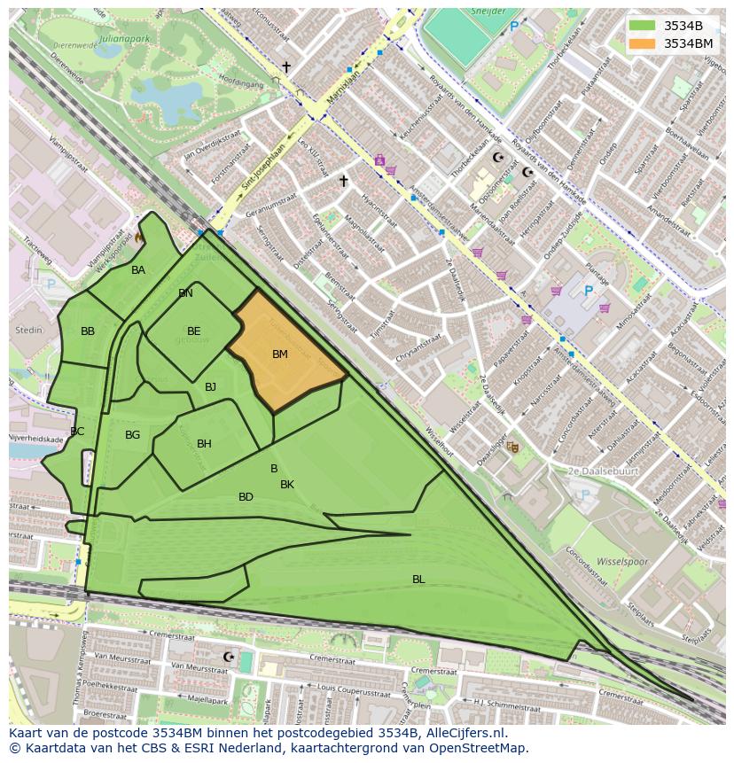 Afbeelding van het postcodegebied 3534 BM op de kaart.