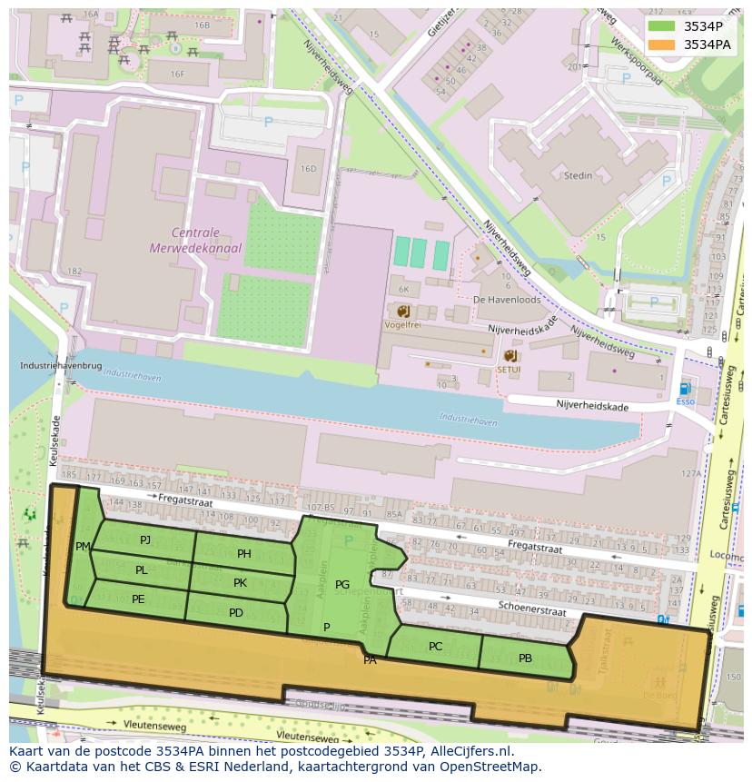 Afbeelding van het postcodegebied 3534 PA op de kaart.