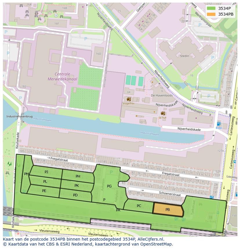Afbeelding van het postcodegebied 3534 PB op de kaart.