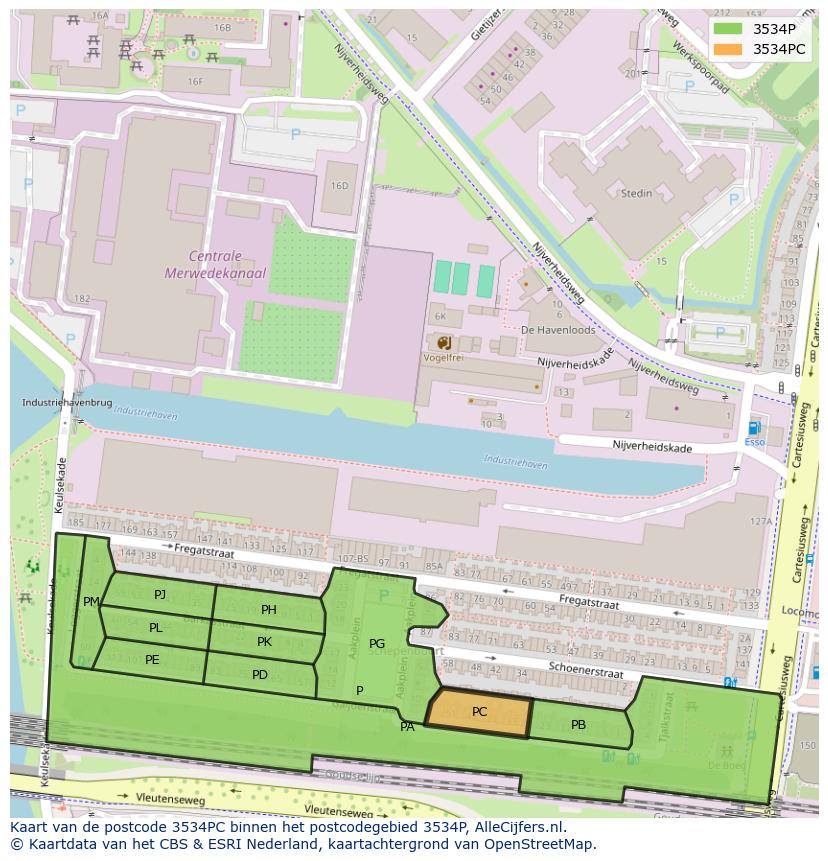 Afbeelding van het postcodegebied 3534 PC op de kaart.