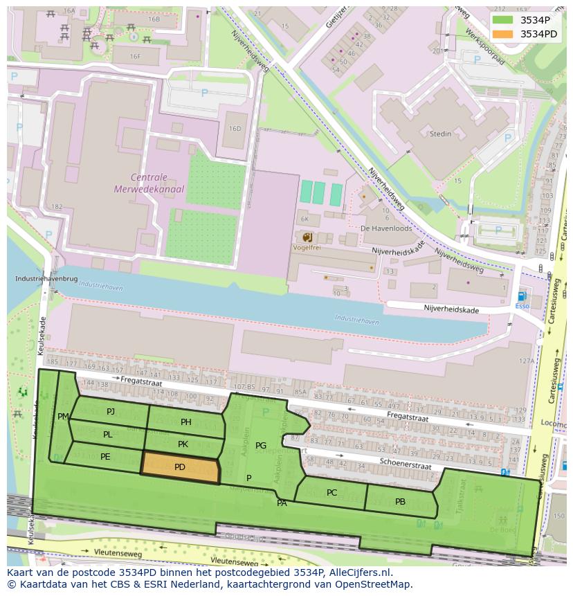 Afbeelding van het postcodegebied 3534 PD op de kaart.