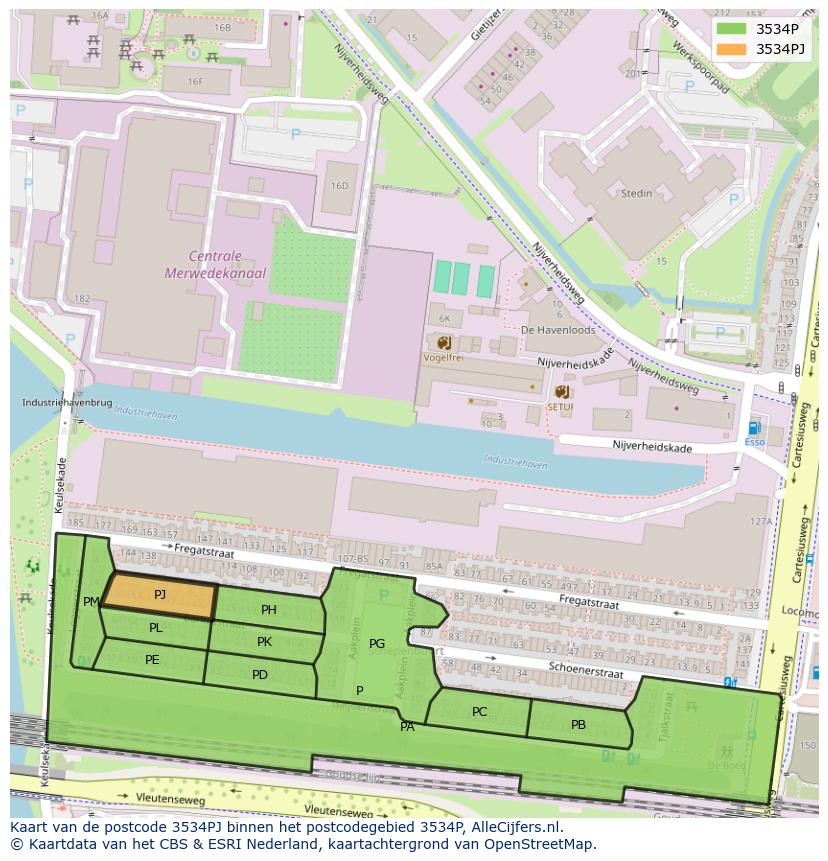 Afbeelding van het postcodegebied 3534 PJ op de kaart.