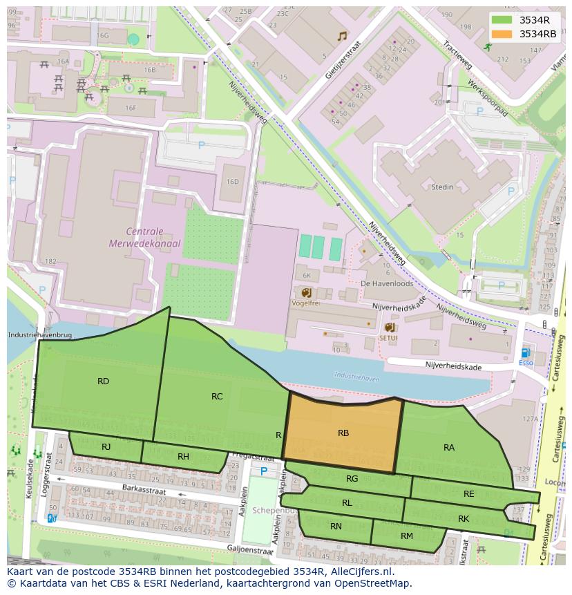 Afbeelding van het postcodegebied 3534 RB op de kaart.