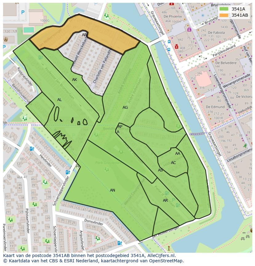 Afbeelding van het postcodegebied 3541 AB op de kaart.