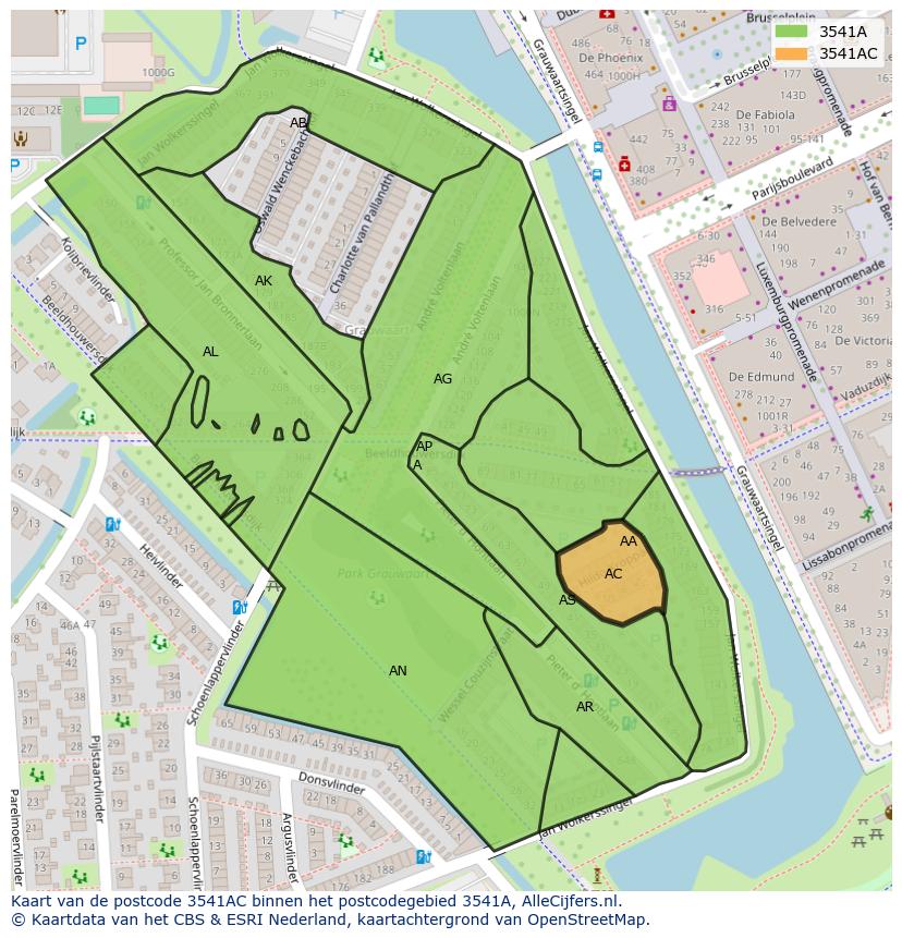 Afbeelding van het postcodegebied 3541 AC op de kaart.