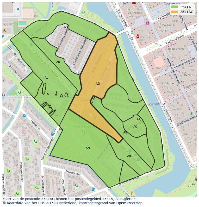 Afbeelding van het postcodegebied 3541 AG op de kaart.
