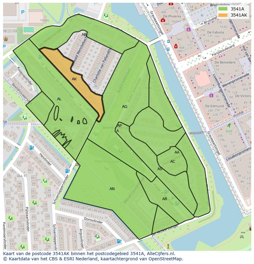 Afbeelding van het postcodegebied 3541 AK op de kaart.