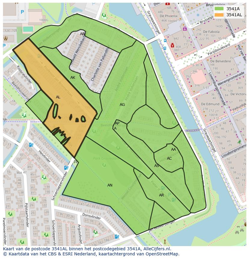 Afbeelding van het postcodegebied 3541 AL op de kaart.