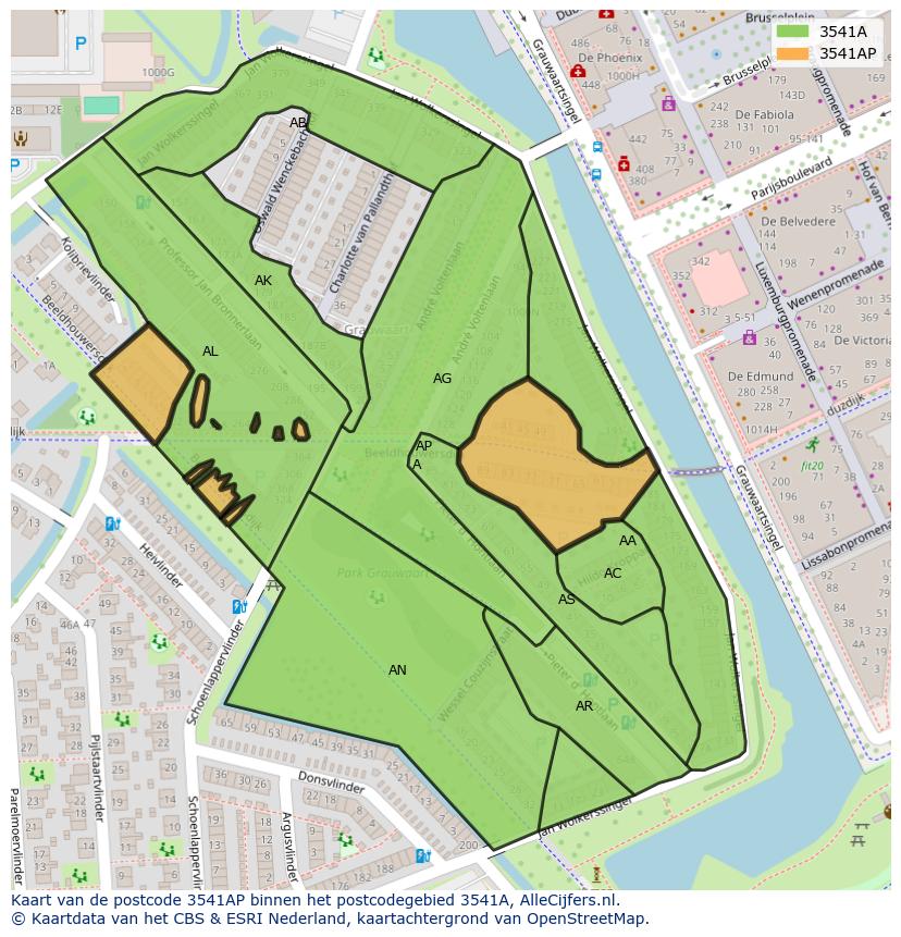 Afbeelding van het postcodegebied 3541 AP op de kaart.
