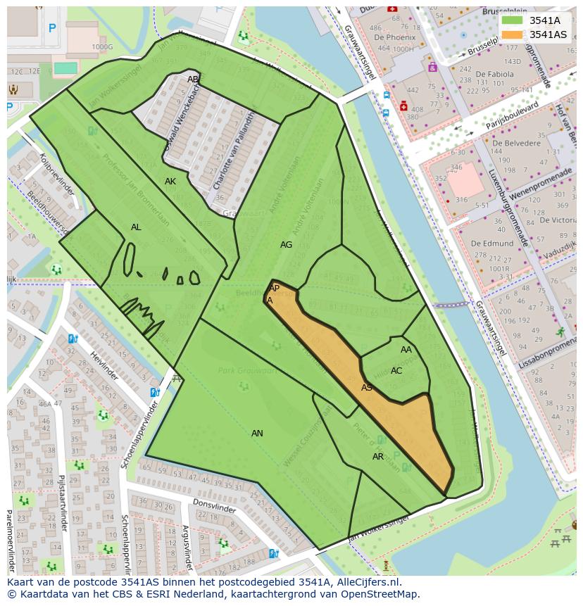 Afbeelding van het postcodegebied 3541 AS op de kaart.