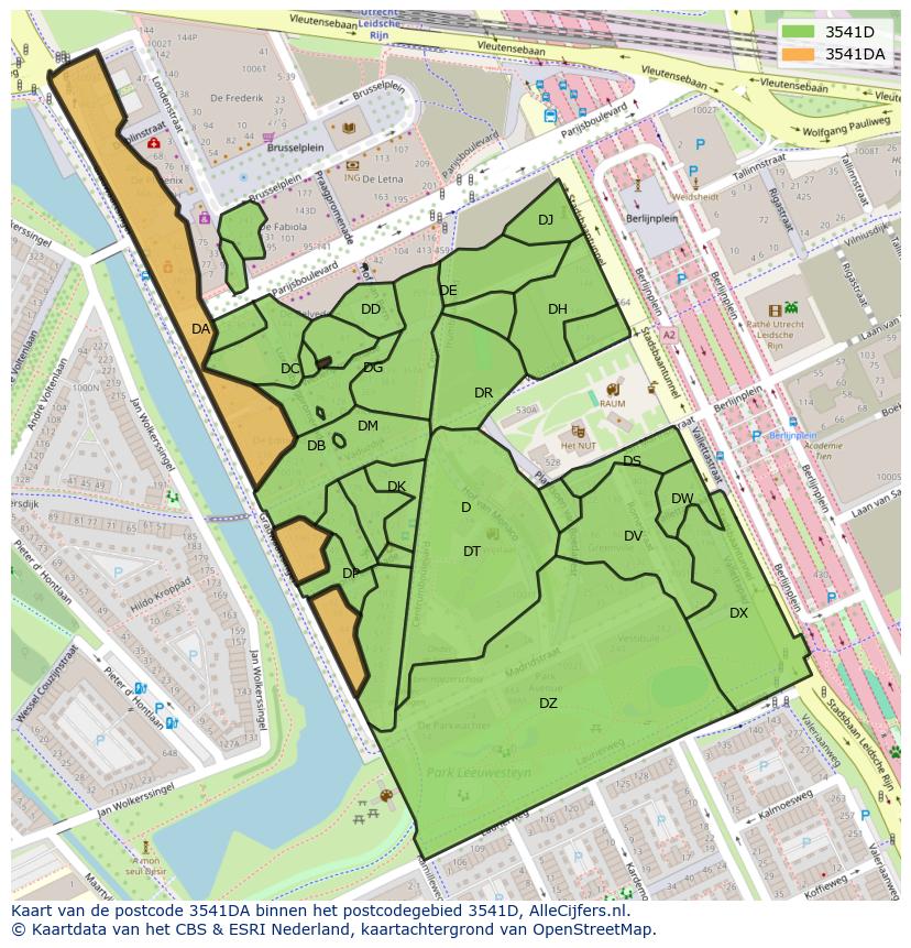 Afbeelding van het postcodegebied 3541 DA op de kaart.