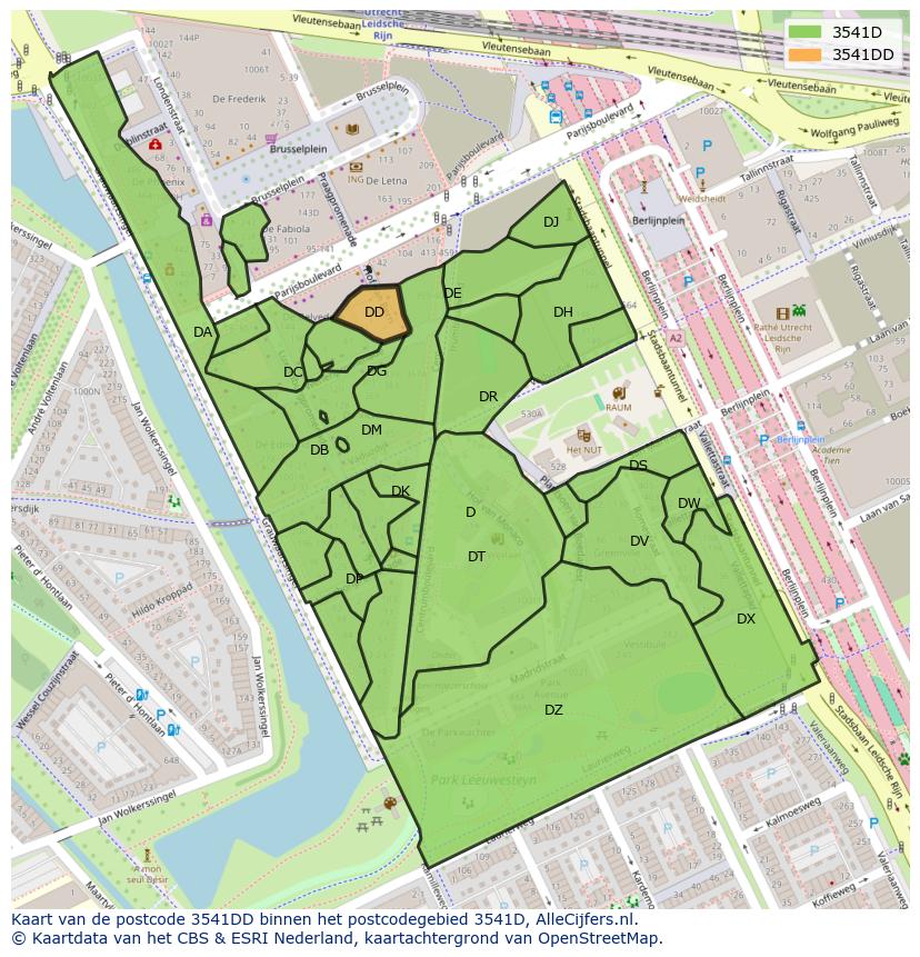 Afbeelding van het postcodegebied 3541 DD op de kaart.