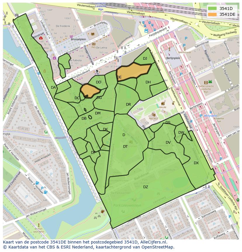Afbeelding van het postcodegebied 3541 DE op de kaart.