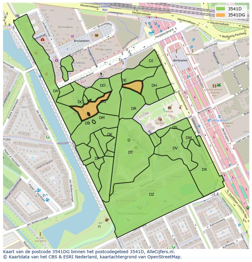 Afbeelding van het postcodegebied 3541 DG op de kaart.