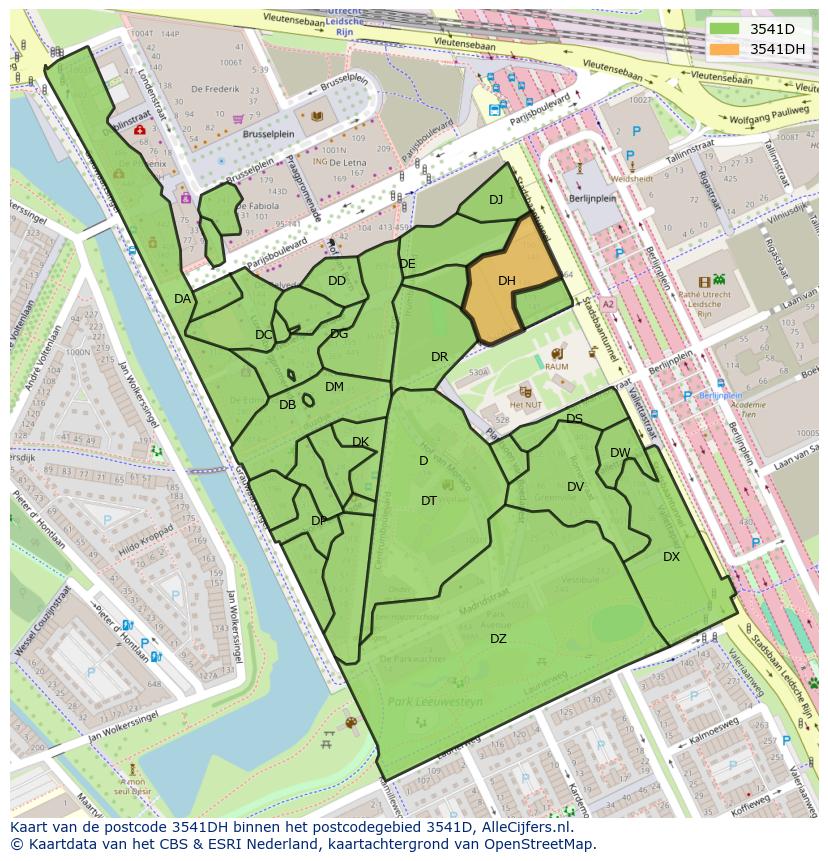 Afbeelding van het postcodegebied 3541 DH op de kaart.