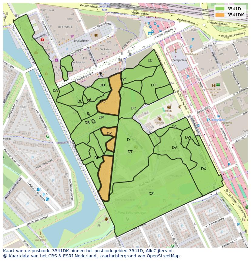 Afbeelding van het postcodegebied 3541 DK op de kaart.
