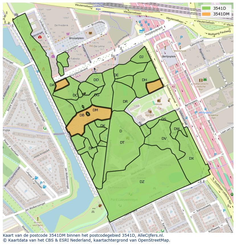 Afbeelding van het postcodegebied 3541 DM op de kaart.