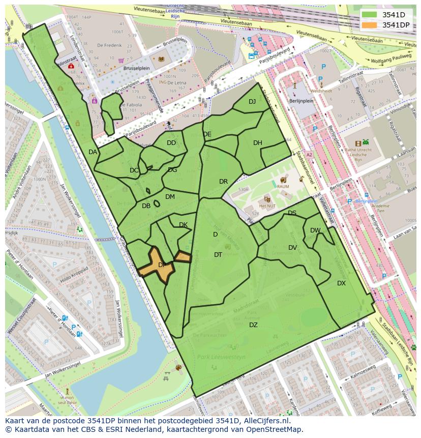 Afbeelding van het postcodegebied 3541 DP op de kaart.