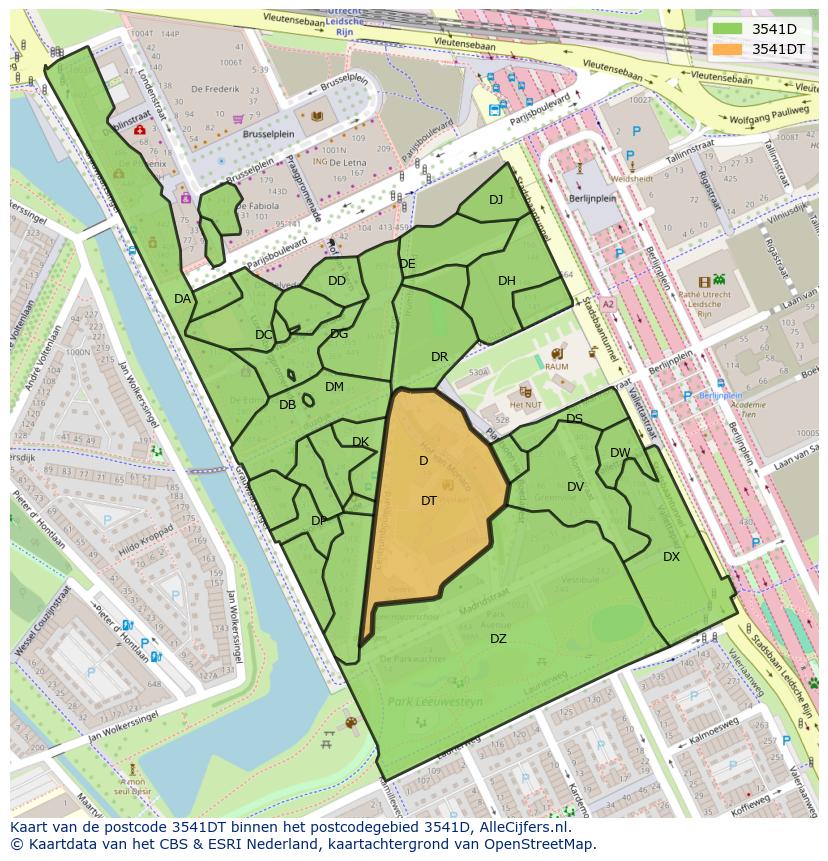 Afbeelding van het postcodegebied 3541 DT op de kaart.
