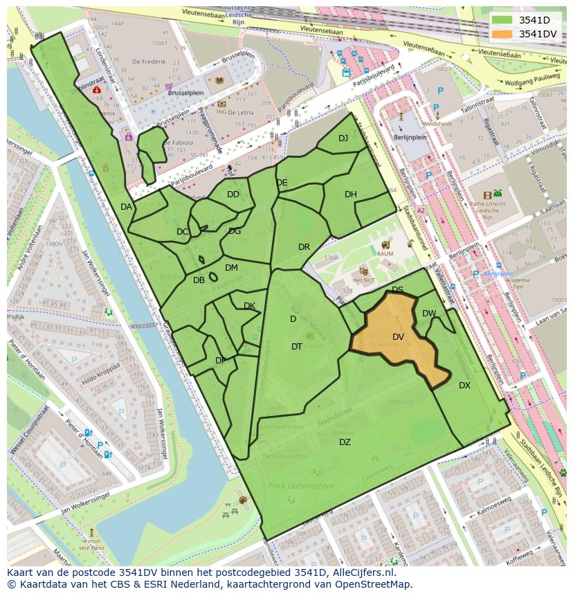 Afbeelding van het postcodegebied 3541 DV op de kaart.