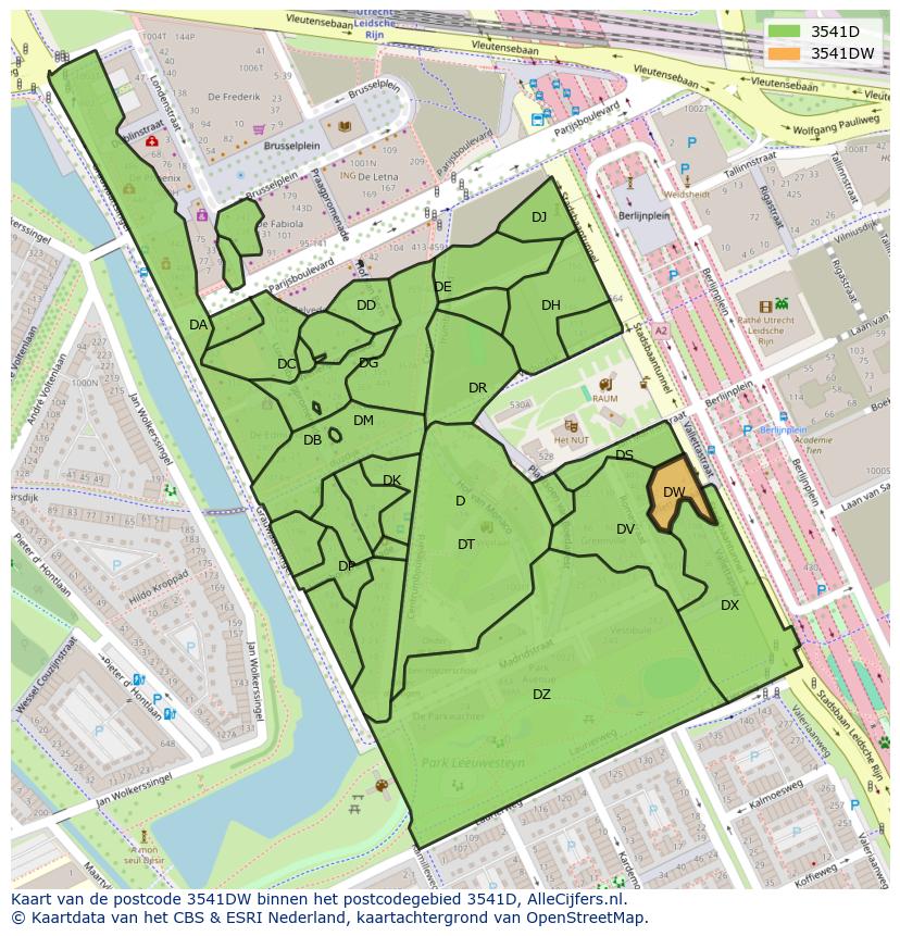 Afbeelding van het postcodegebied 3541 DW op de kaart.