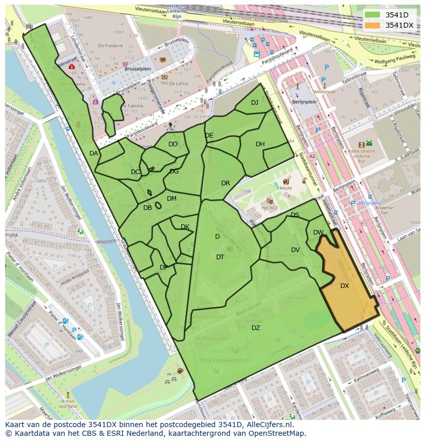Afbeelding van het postcodegebied 3541 DX op de kaart.