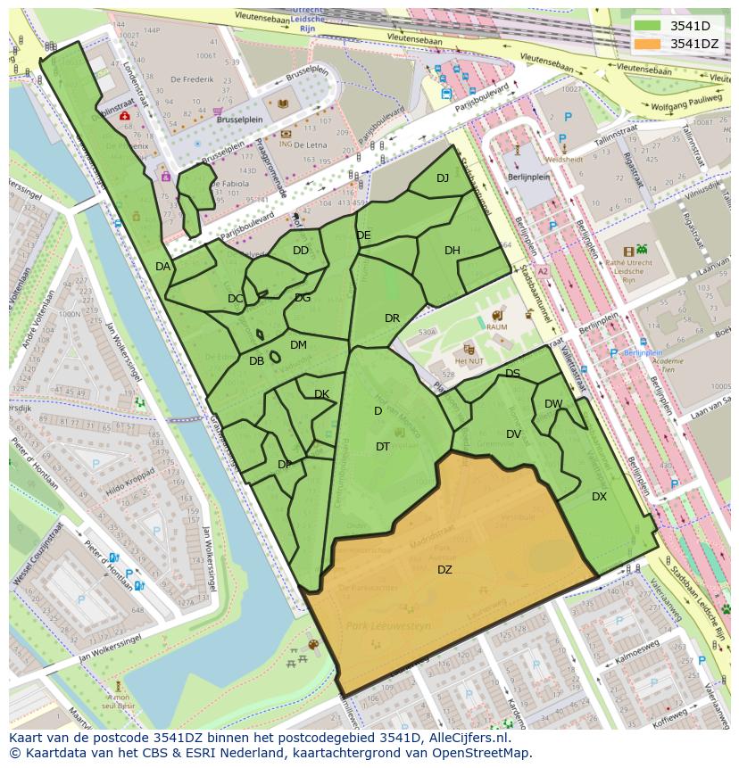 Afbeelding van het postcodegebied 3541 DZ op de kaart.
