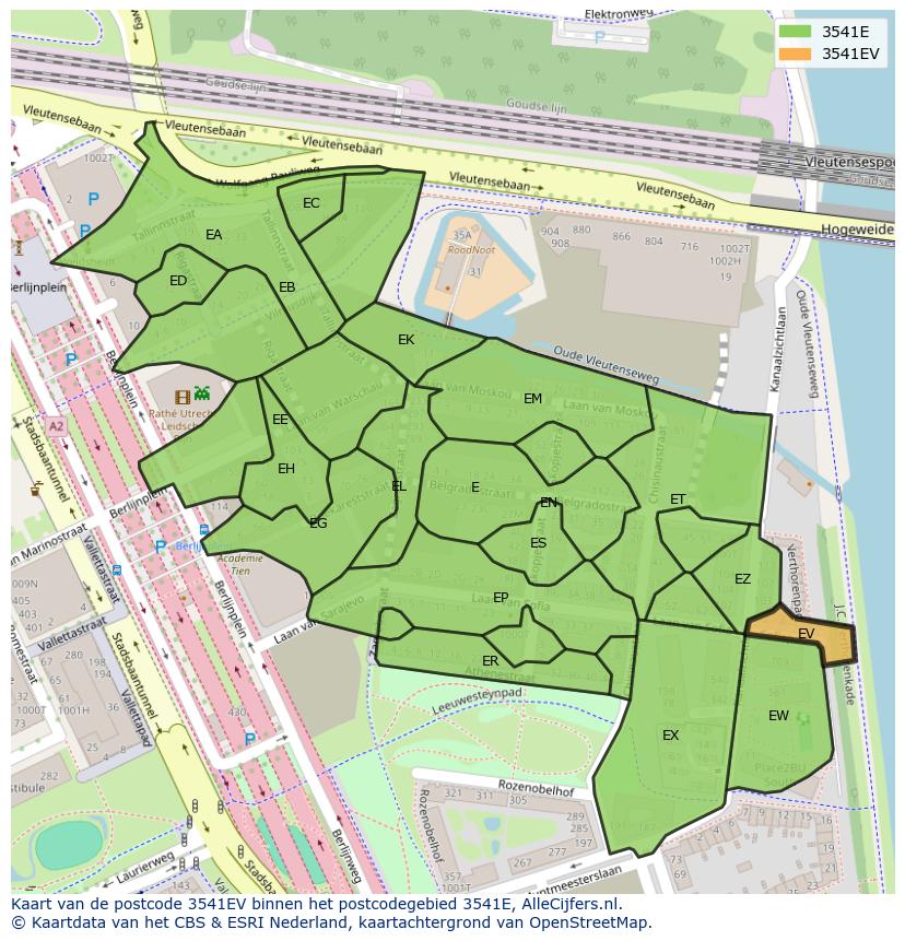 Afbeelding van het postcodegebied 3541 EV op de kaart.