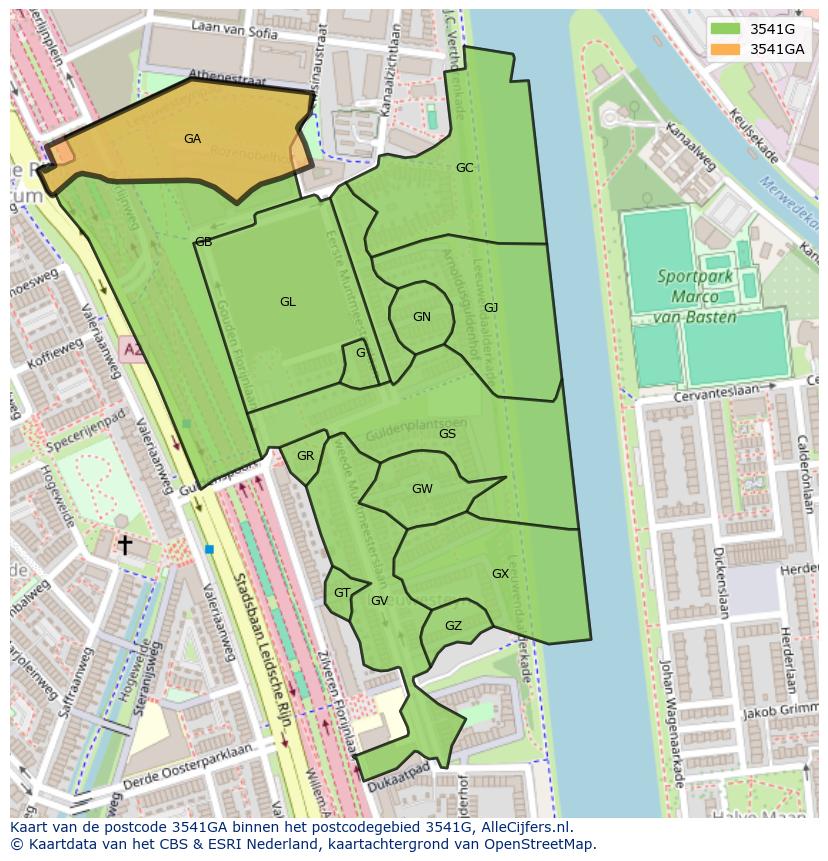 Afbeelding van het postcodegebied 3541 GA op de kaart.