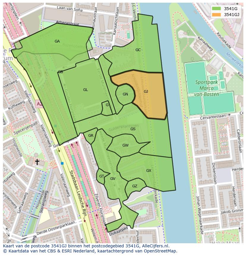 Afbeelding van het postcodegebied 3541 GJ op de kaart.