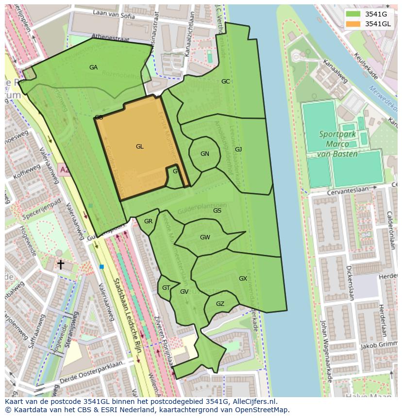 Afbeelding van het postcodegebied 3541 GL op de kaart.