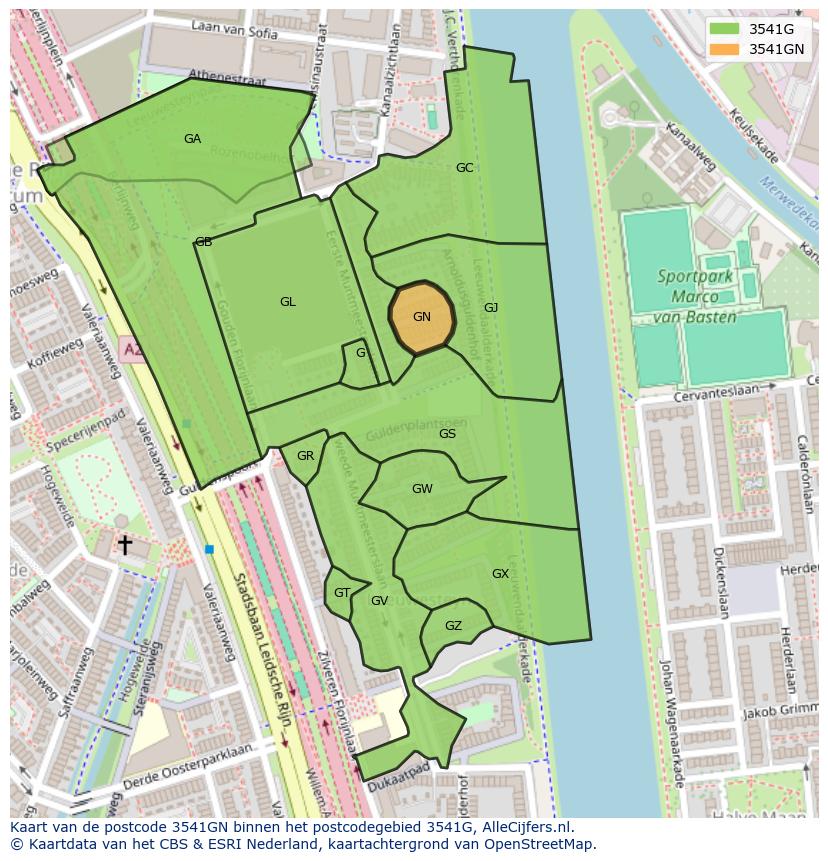Afbeelding van het postcodegebied 3541 GN op de kaart.