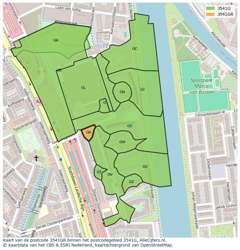 Afbeelding van het postcodegebied 3541 GR op de kaart.