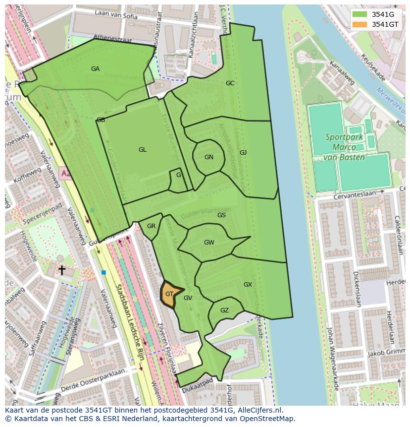 Afbeelding van het postcodegebied 3541 GT op de kaart.