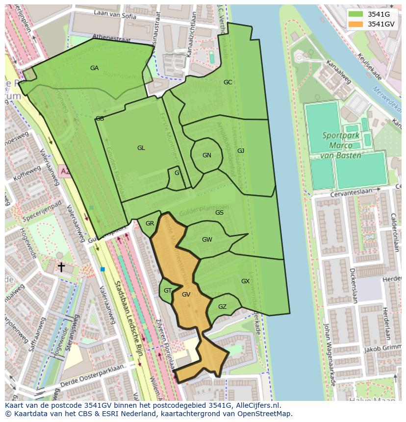 Afbeelding van het postcodegebied 3541 GV op de kaart.