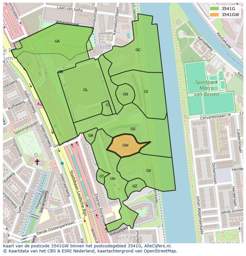 Afbeelding van het postcodegebied 3541 GW op de kaart.