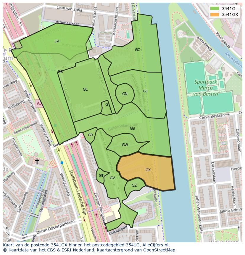 Afbeelding van het postcodegebied 3541 GX op de kaart.