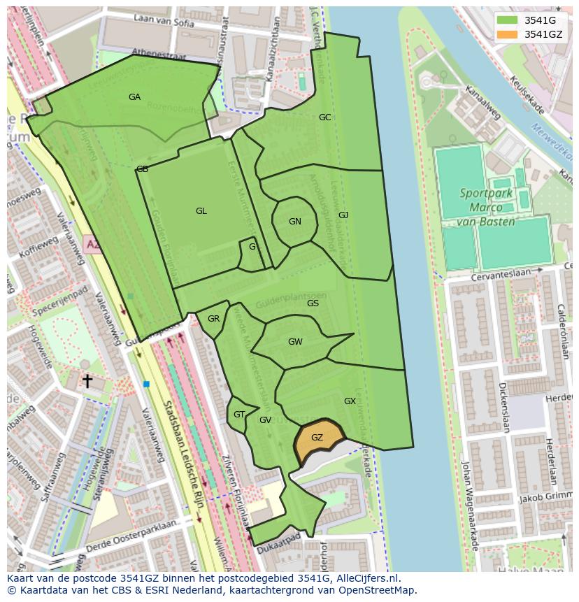 Afbeelding van het postcodegebied 3541 GZ op de kaart.