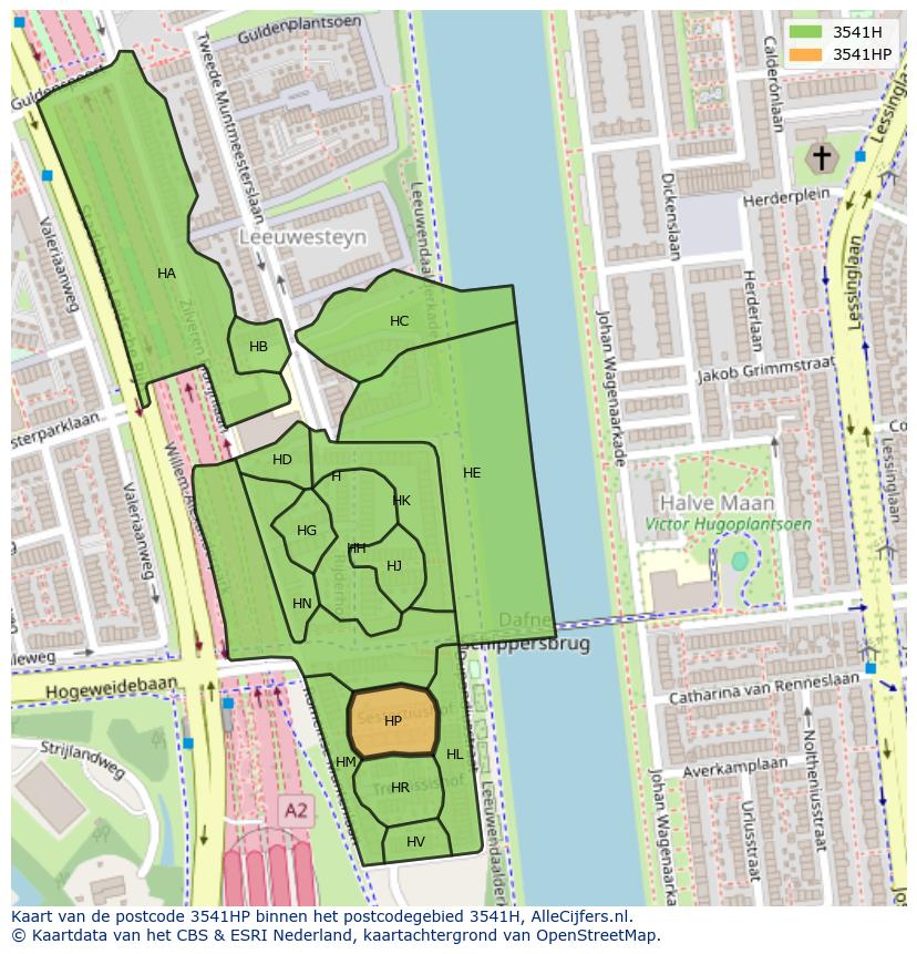 Afbeelding van het postcodegebied 3541 HP op de kaart.