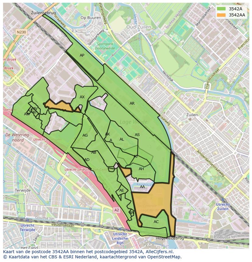 Afbeelding van het postcodegebied 3542 AA op de kaart.