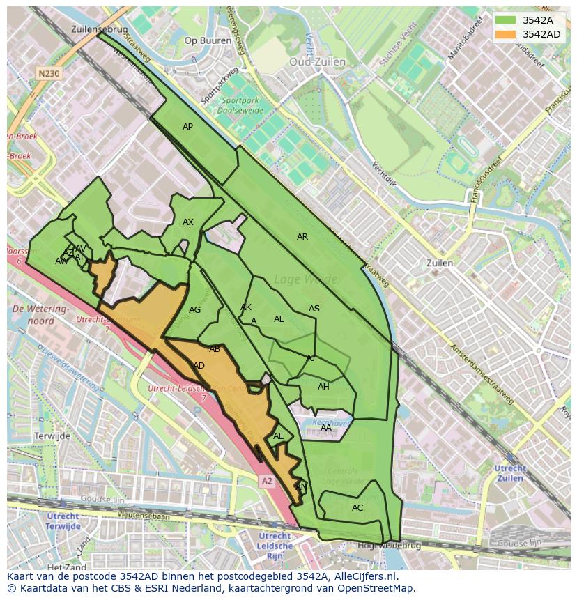 Afbeelding van het postcodegebied 3542 AD op de kaart.