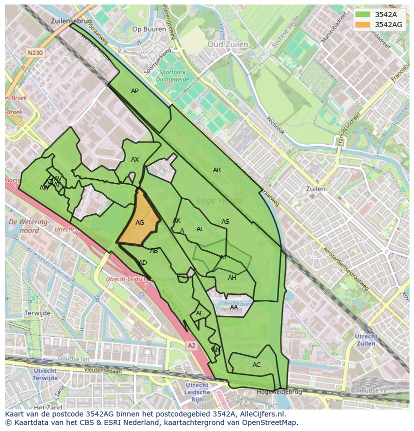 Afbeelding van het postcodegebied 3542 AG op de kaart.
