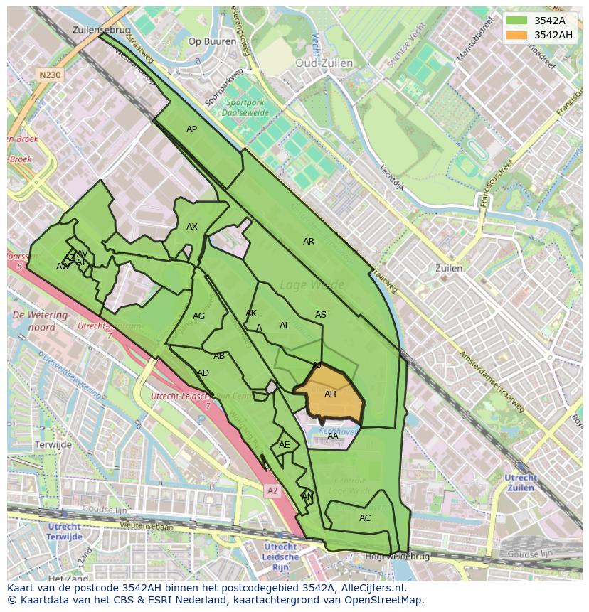 Afbeelding van het postcodegebied 3542 AH op de kaart.