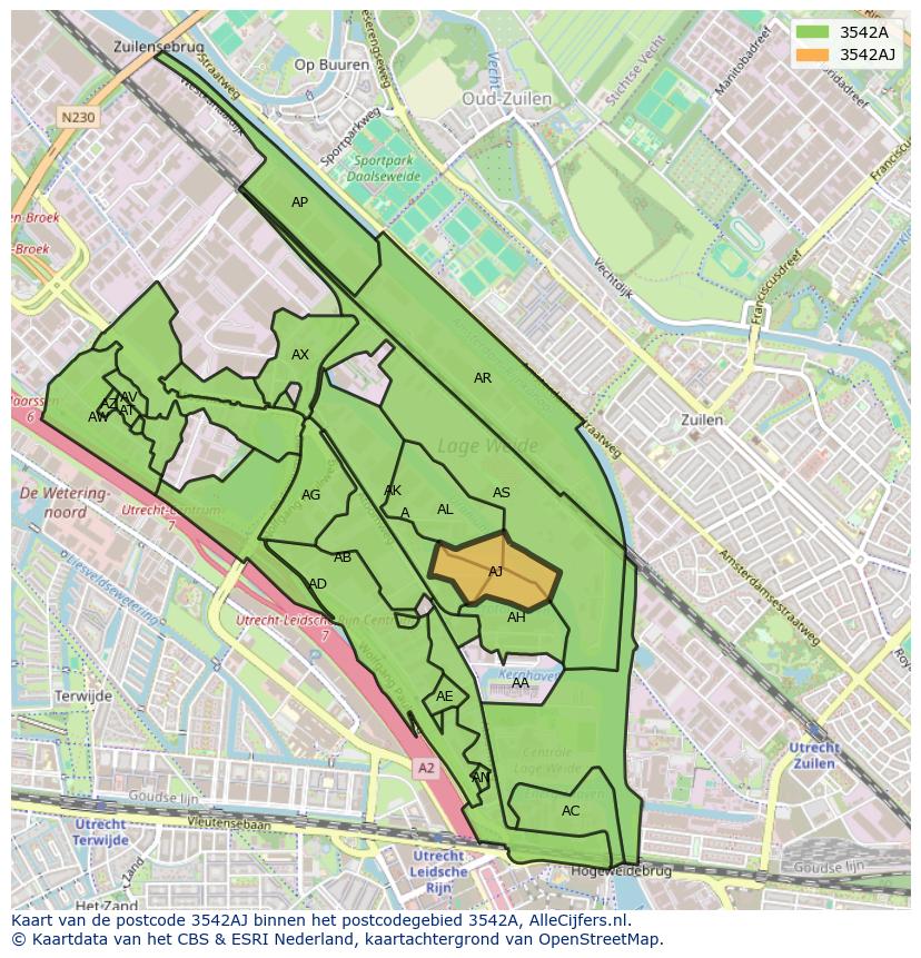 Afbeelding van het postcodegebied 3542 AJ op de kaart.