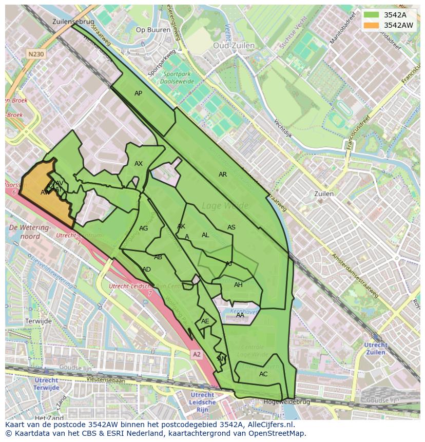 Afbeelding van het postcodegebied 3542 AW op de kaart.